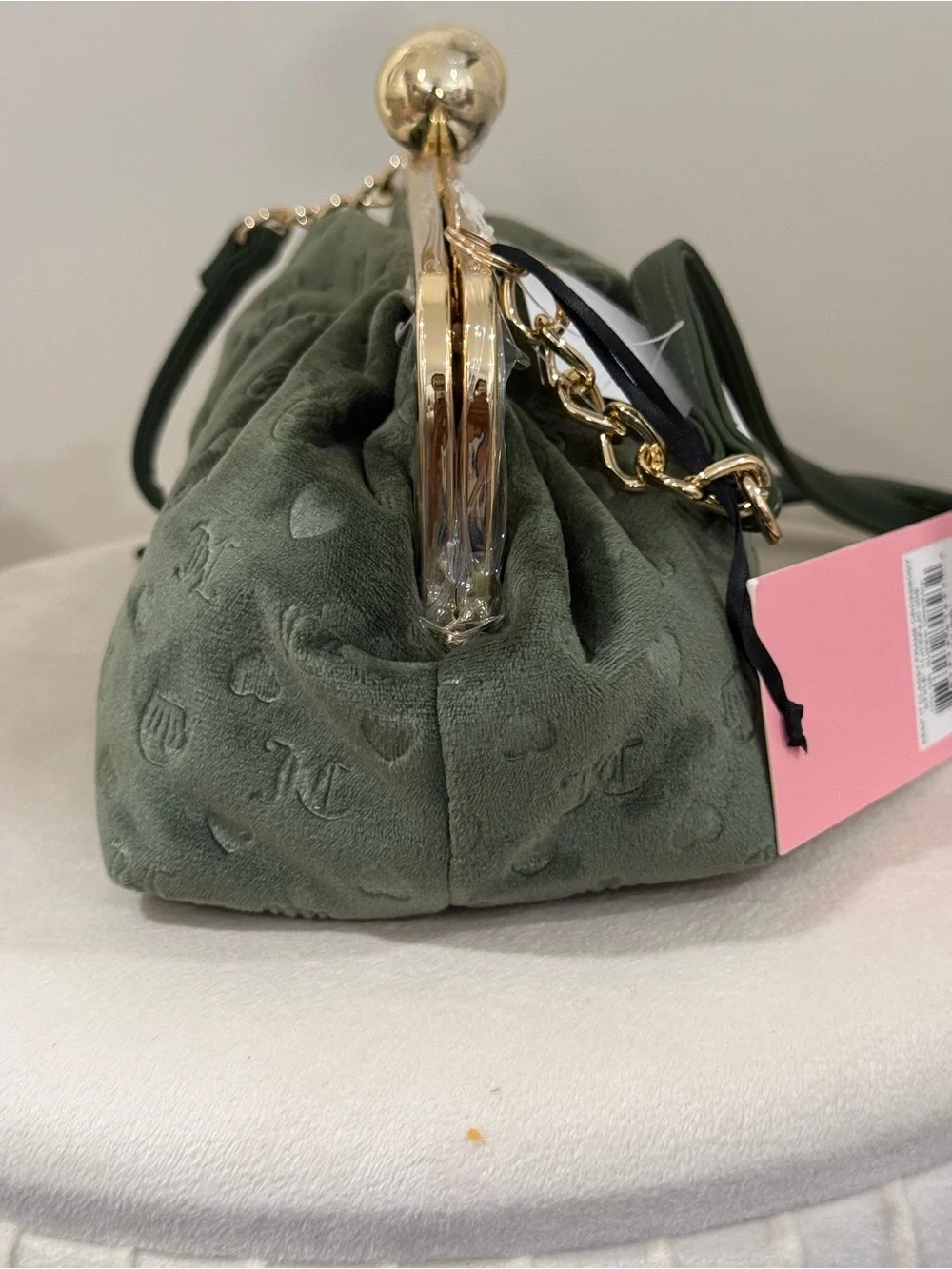 Juicy Couture Dark Green Velvet Kiss-Lock Wristlet with Gold Hardware